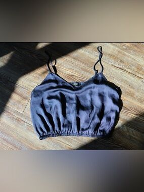 Reset Womens Minimalist Silky Crop Tank Black Shimmer Cute Adjustable Straps L